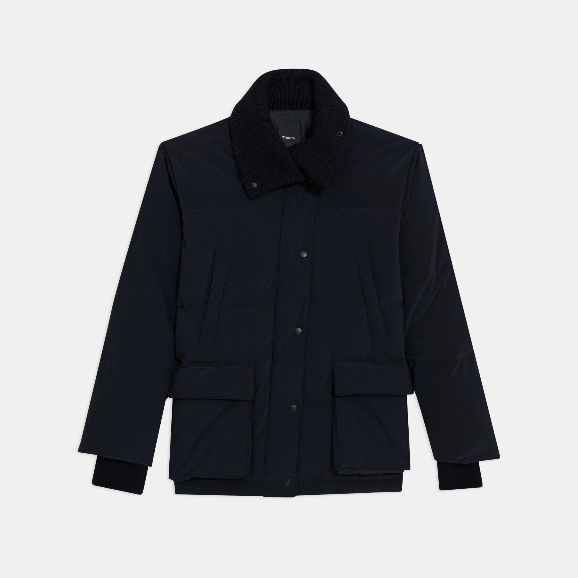 Knit-Collar Puffer Jacket in Paper Nylon