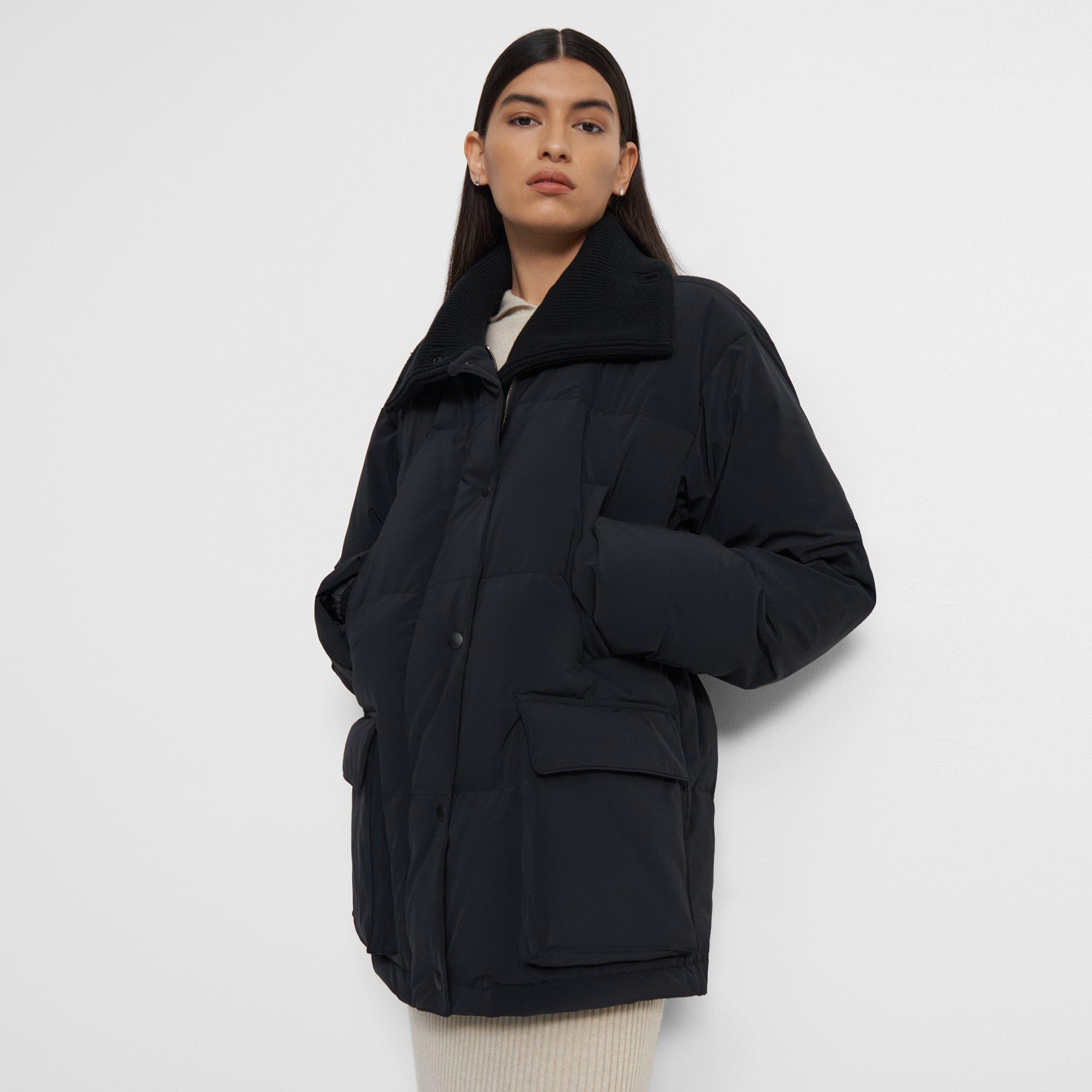 Knit-Collar Puffer Jacket in Paper Nylon