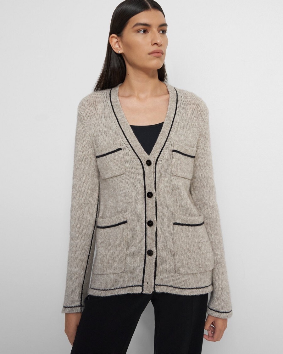 Contrast-Stitched Cardigan in Wool