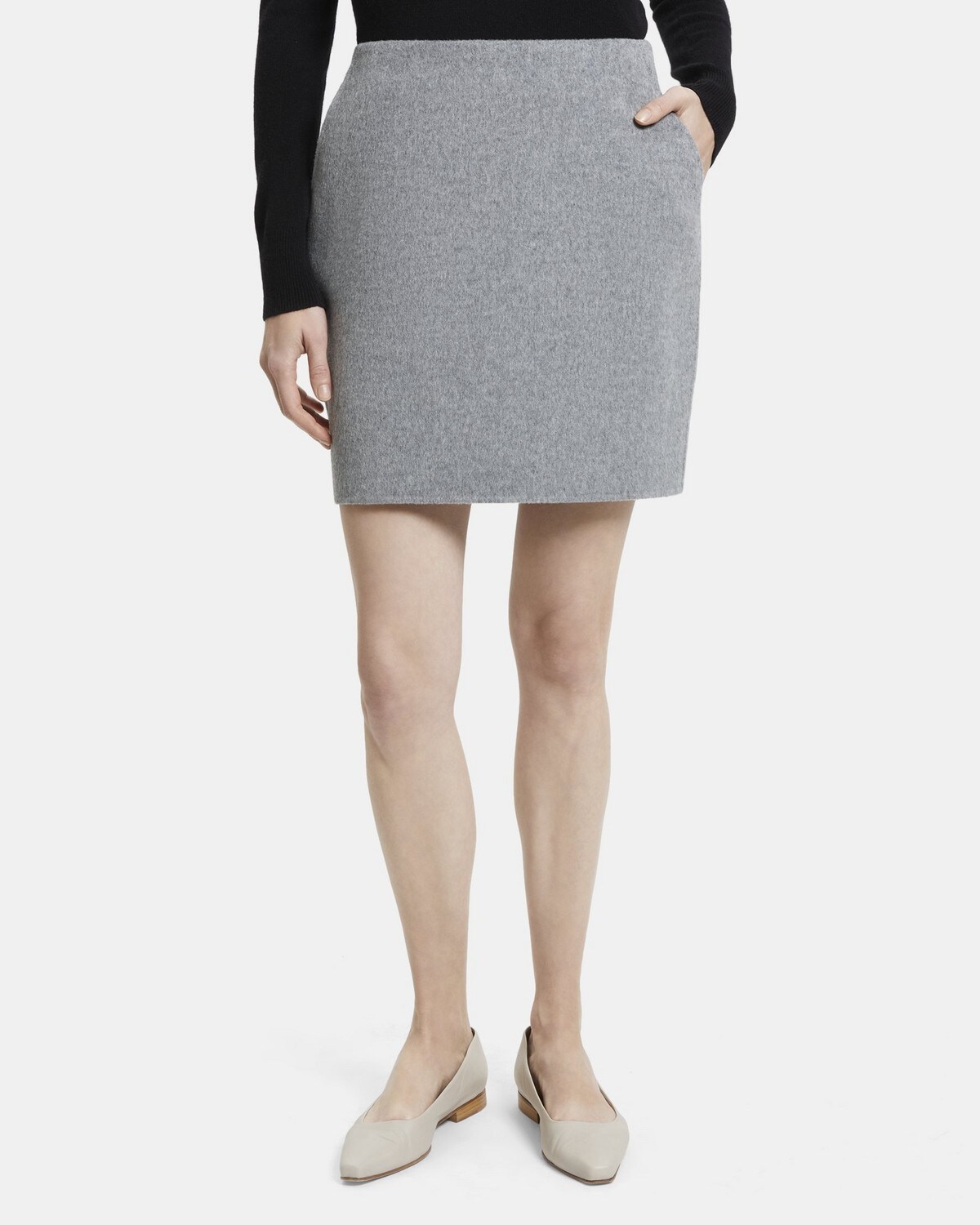 띠어리 우먼 미니 펜슬 스커트, 울 캐시미어 Theory Mini Pencil Skirt in Wool Cashmere,MEDIUM GREY MELANGE