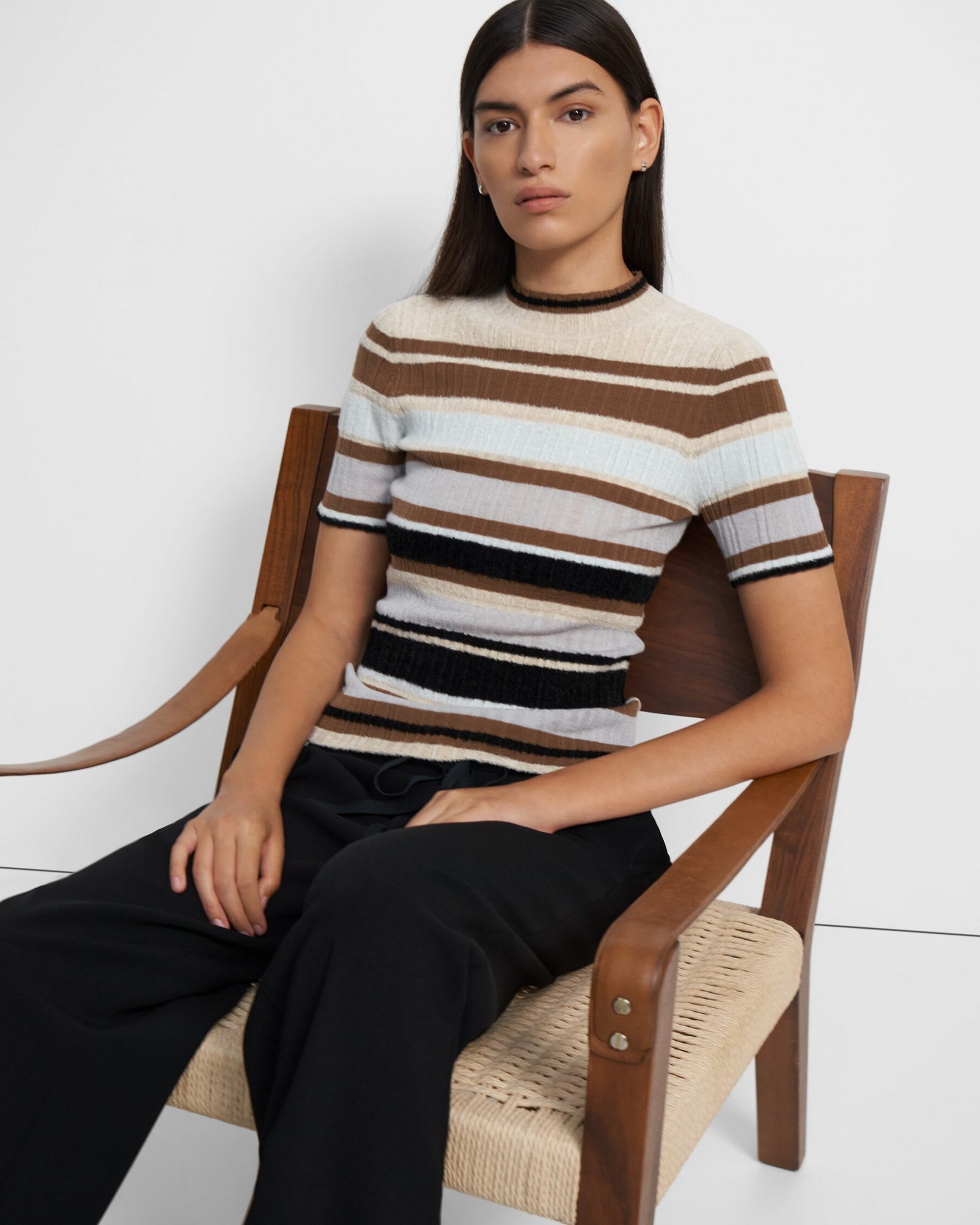 Theory Striped Short-Sleeve Sweater in Crushed Velvet