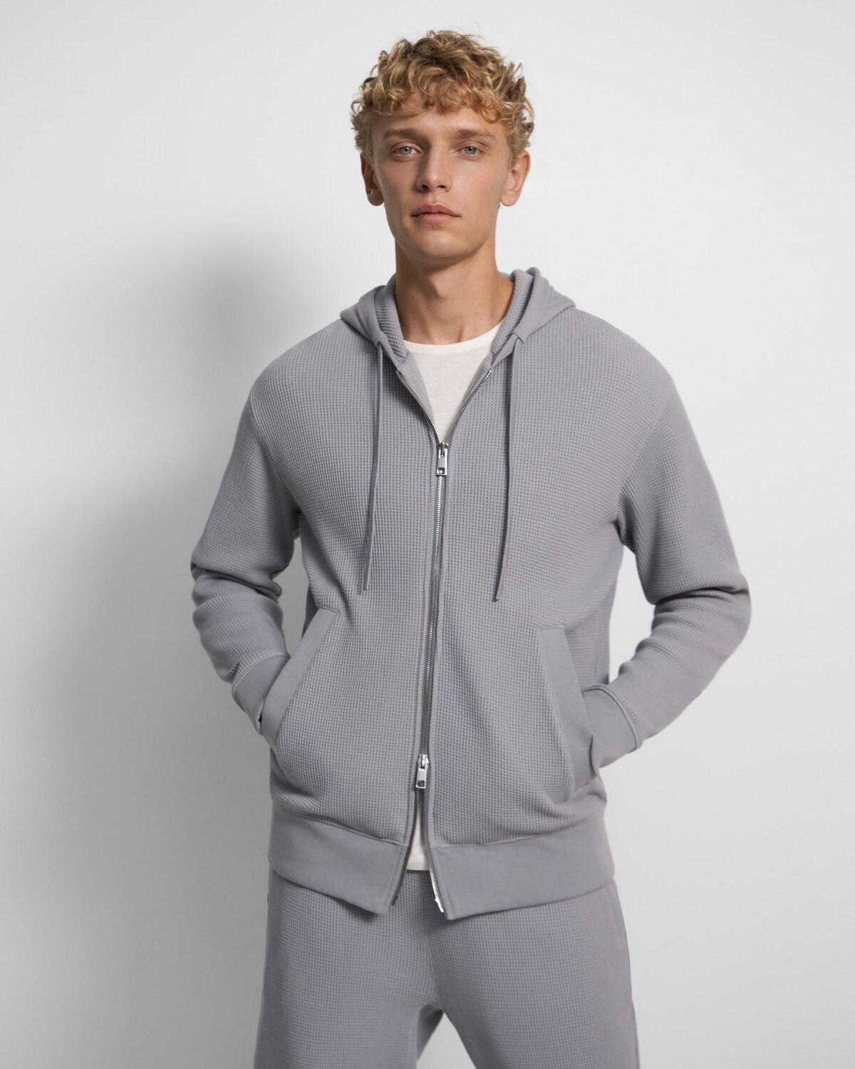 Full-Zip Hoodie in Waffle-Knit Cotton