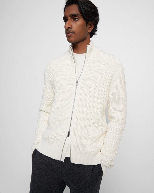 Full-Zip Sweater in Waffle Cotton-Cashmere