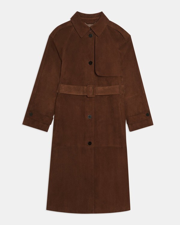 Belted Trench Coat in Cotton-Bonded Suede