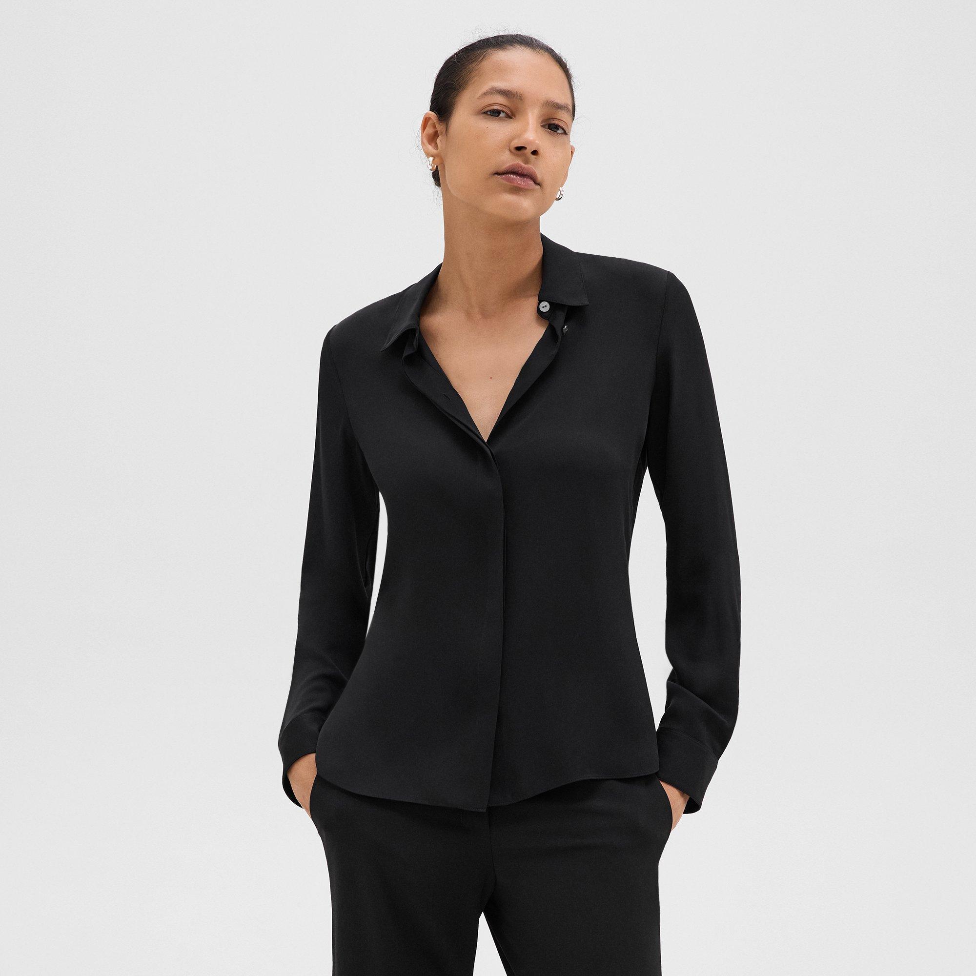 Black Silk Georgette Fitted Shirt | Theory