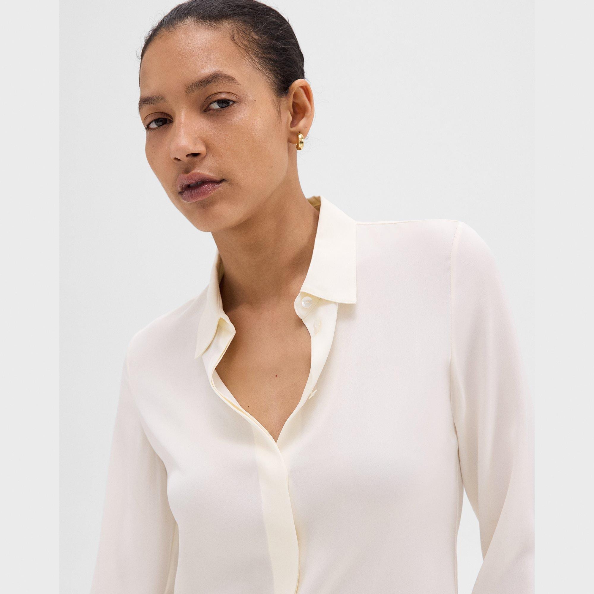 White Silk Georgette Fitted Shirt | Theory