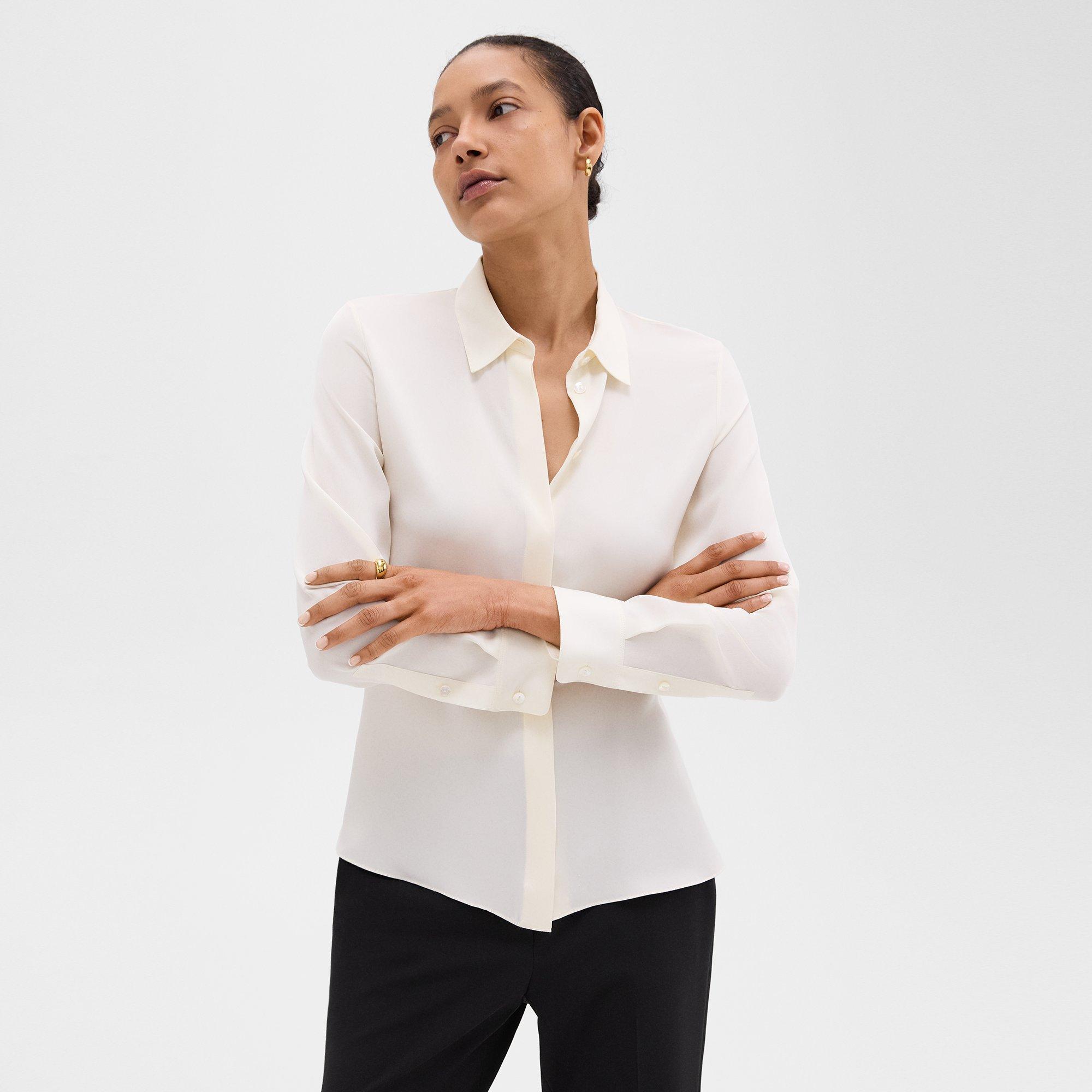 띠어리 Theory Fitted Shirt in Silk Georgette,IVORY