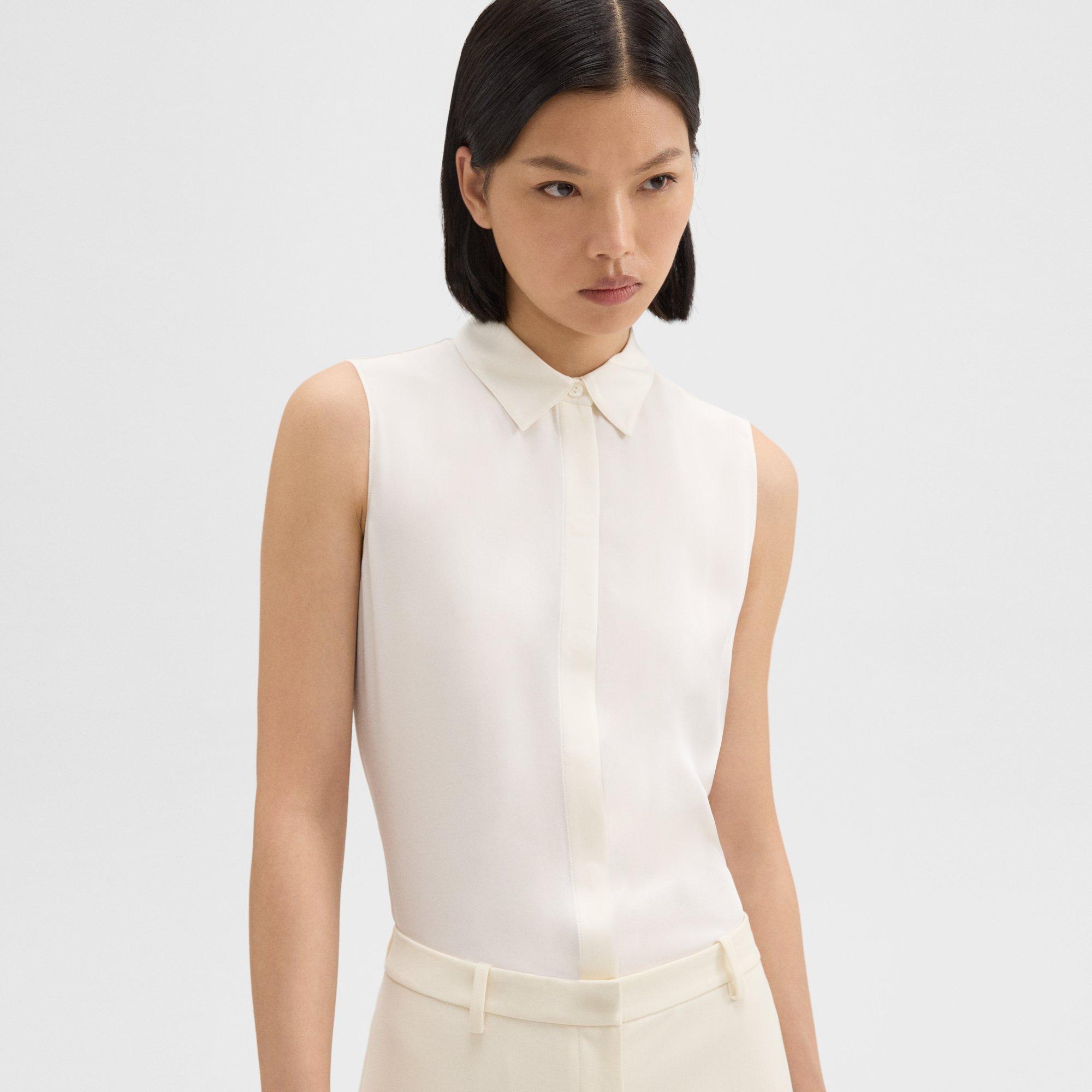 Fitted Sleeveless Shirt in Silk Georgette in White Size Large by Theory