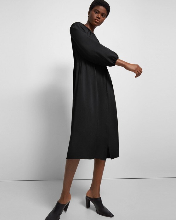 띠어리 게더드 셔츠 원피스, 스트레치 실크 - 블랙 Theory Gathered Shirt Dress in Stretch Silk,BLACK M0102634