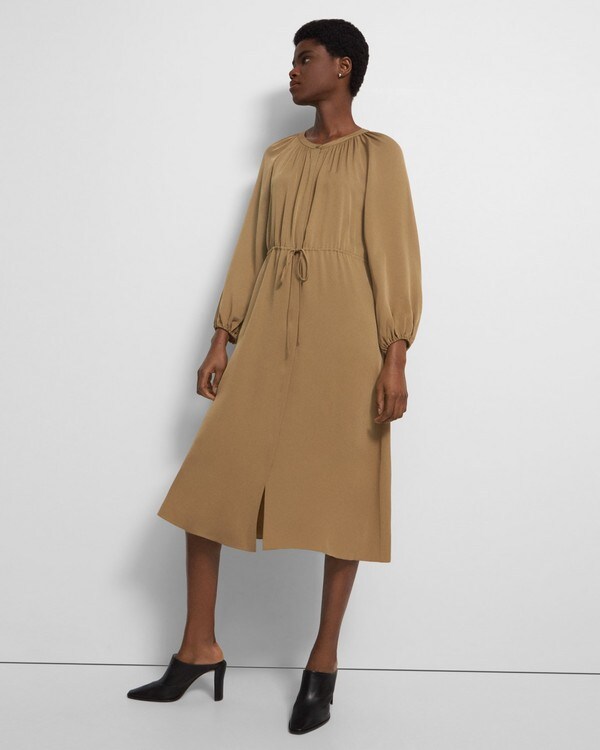 띠어리 게더드 셔츠 원피스, 스트레치 실크 - 뉴 카멜 Theory Gathered Shirt Dress in Stretch Silk,NEW CAMEL M0102634
