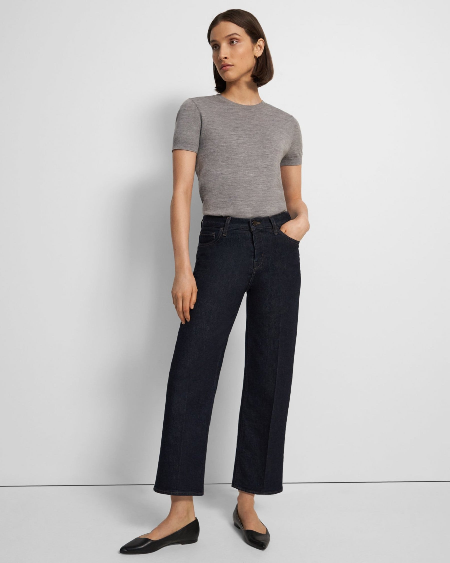 Theory Wide Crop Jean in Washed Denim