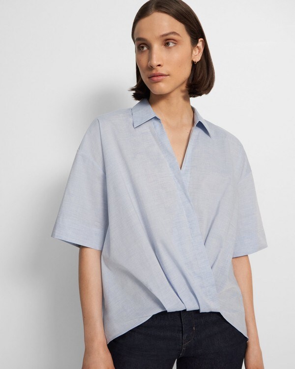 띠어리 Theory Twist Short-Sleeve Shirt in Cotton Melange,CHAMBRAY