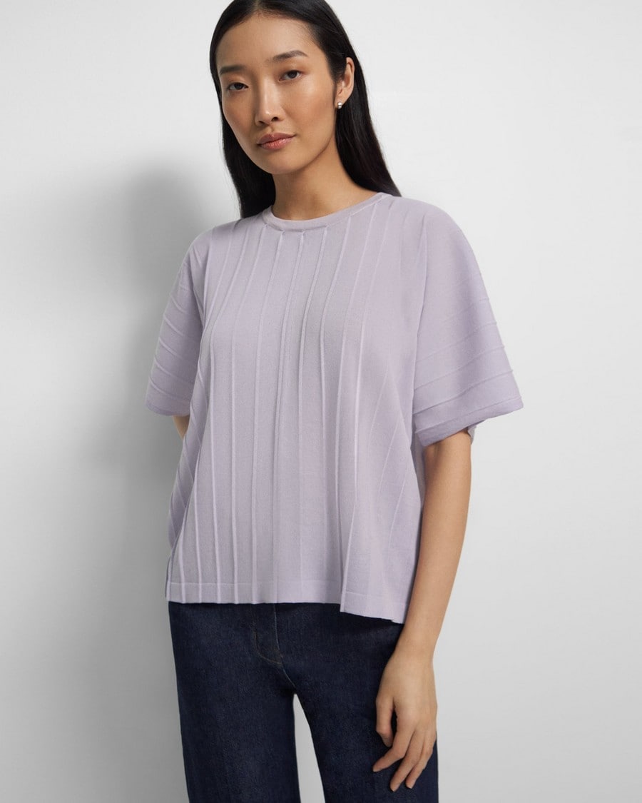 Pleated Short-Sleeve Sweater in Cotton Blend