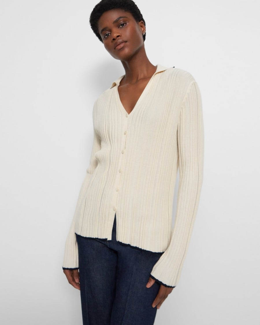 Ribbed Polo Cardigan in Cotton-Cashmere
