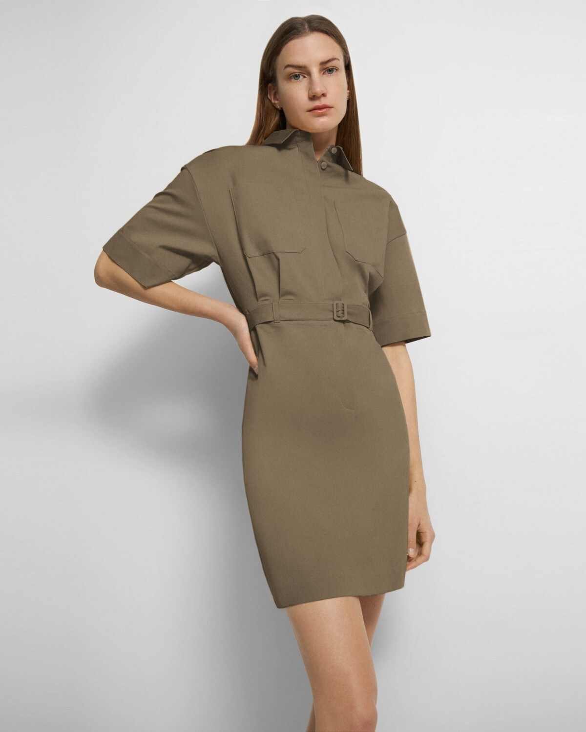 Belted Shirt Dress in Stretch Cotton Twill
