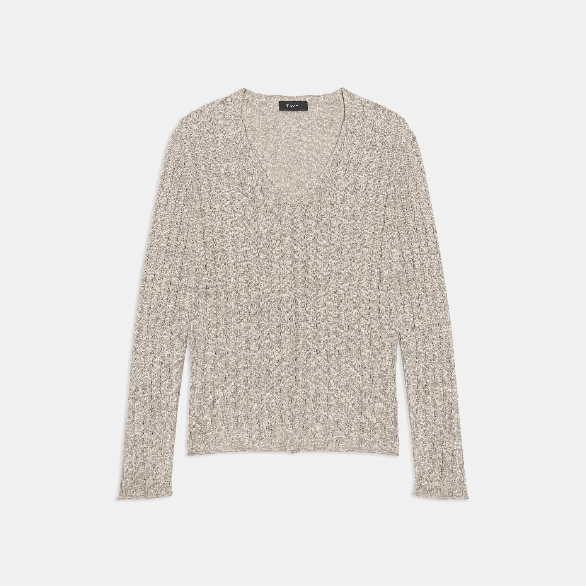 V-Neck Sweater in Cable Knit Linen