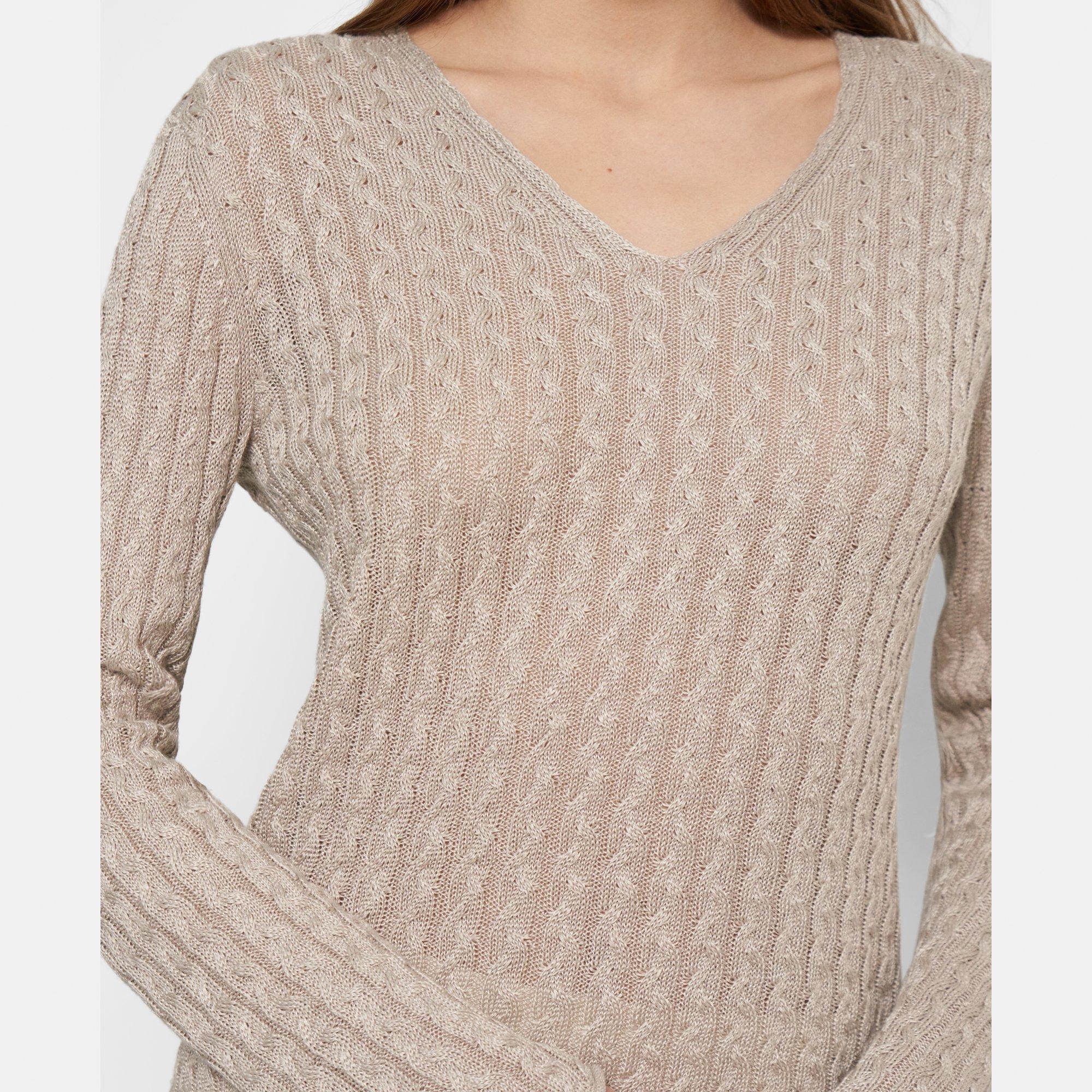 V-Neck Sweater in Cable Knit Linen