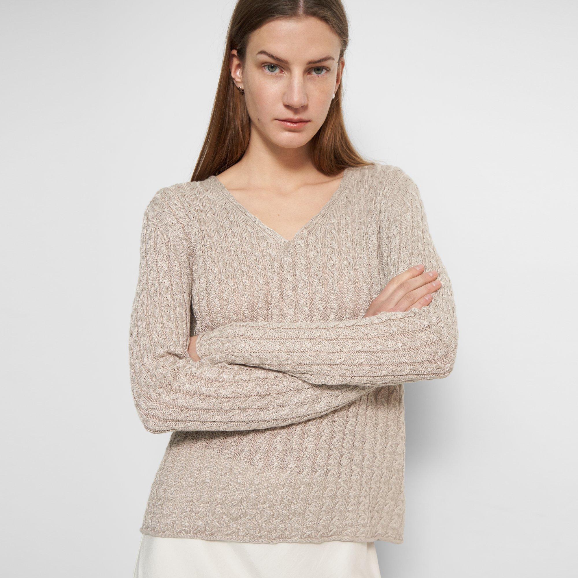 V-Neck Sweater in Cable Knit Linen