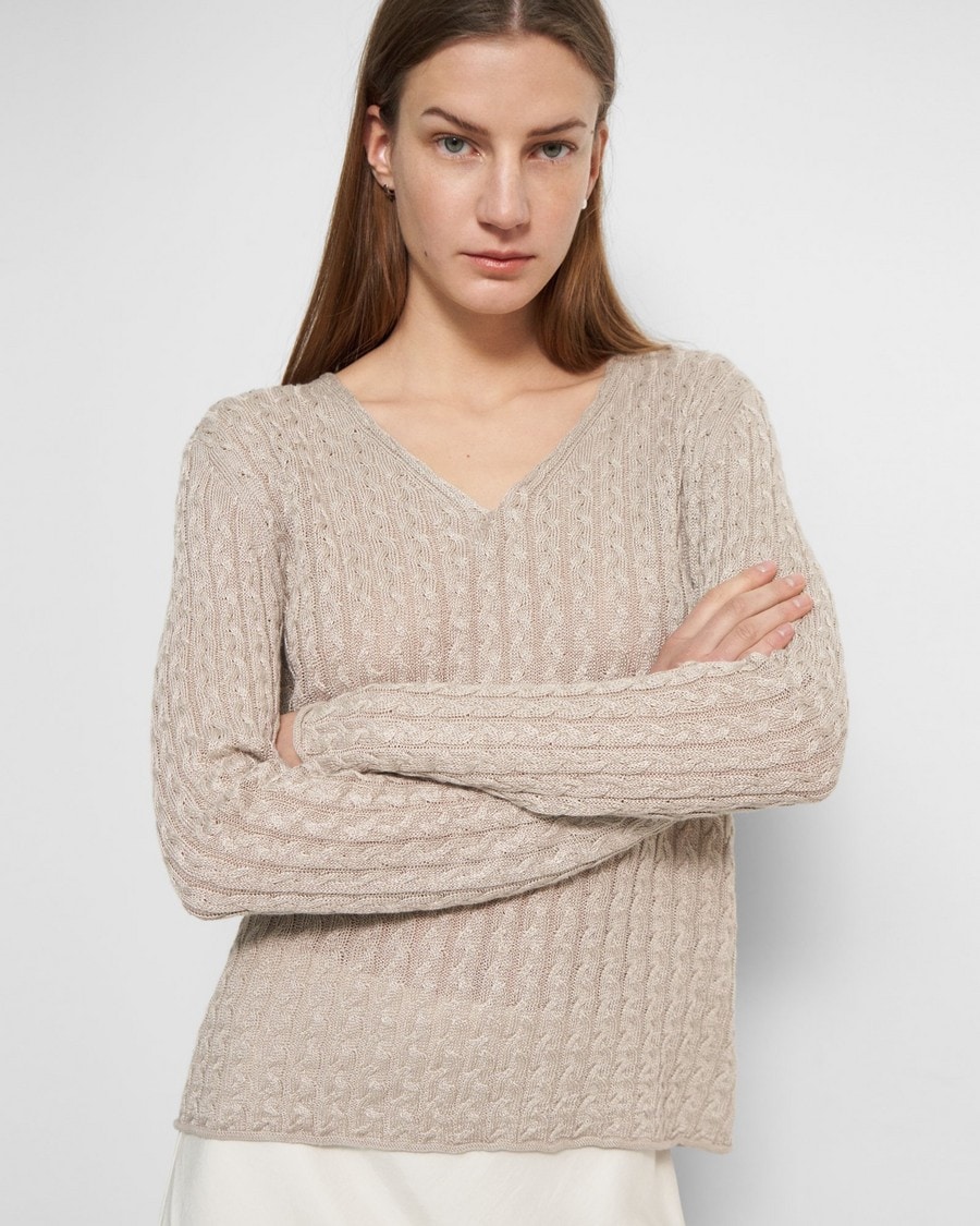V-Neck Sweater in Cable Knit Linen