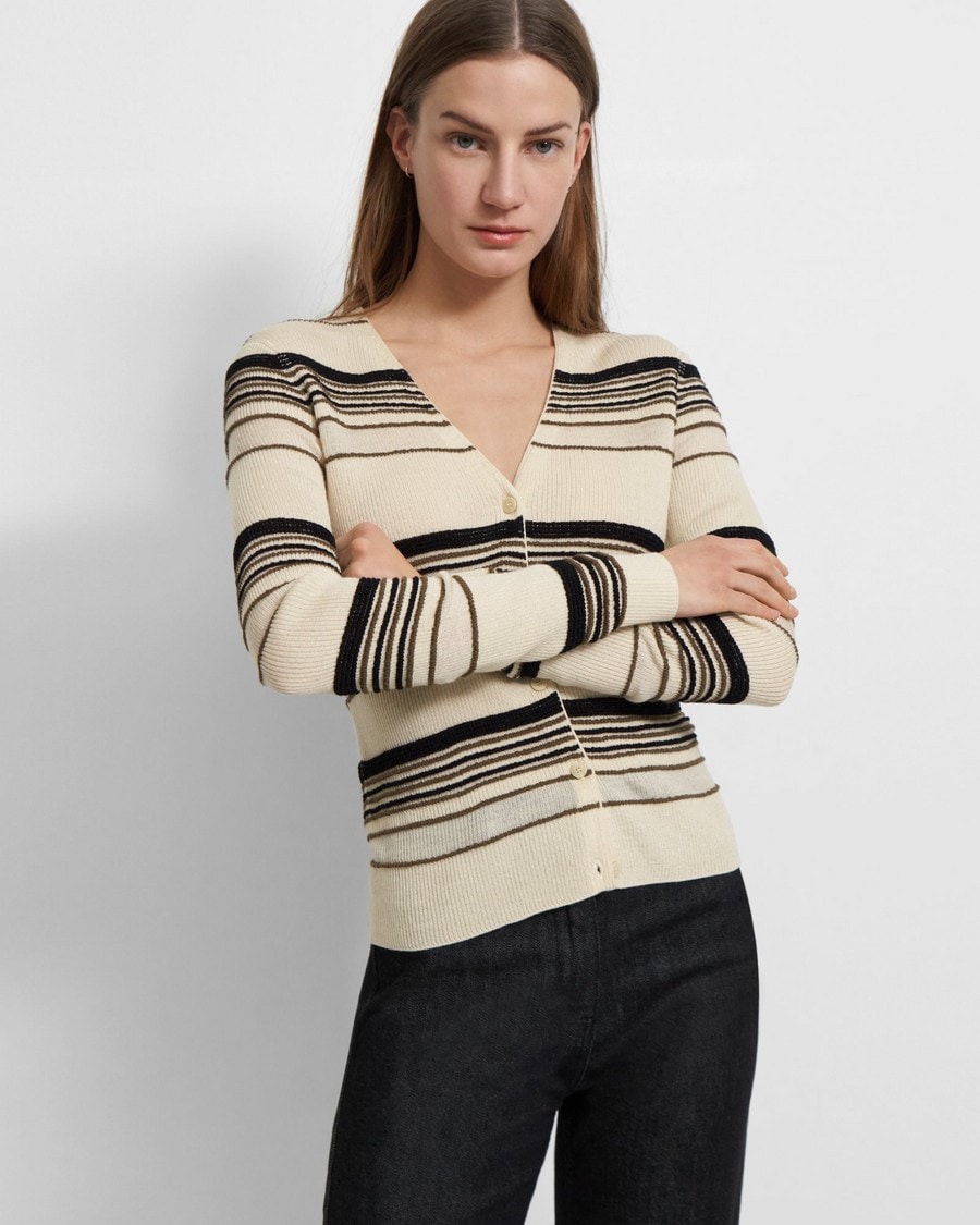 Striped Rib Cardigan in Viscose-Wool