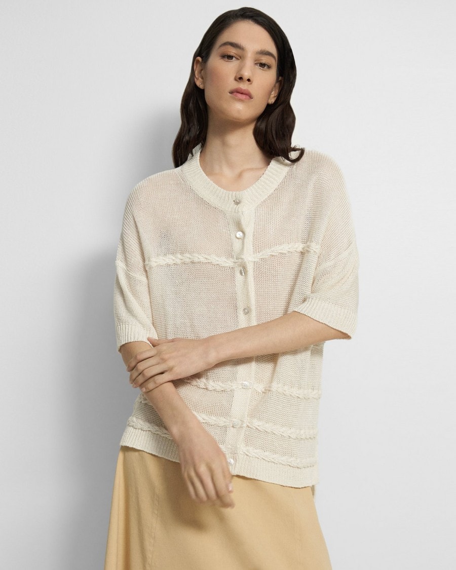 Short-Sleeve Cardigan in Knit Linen