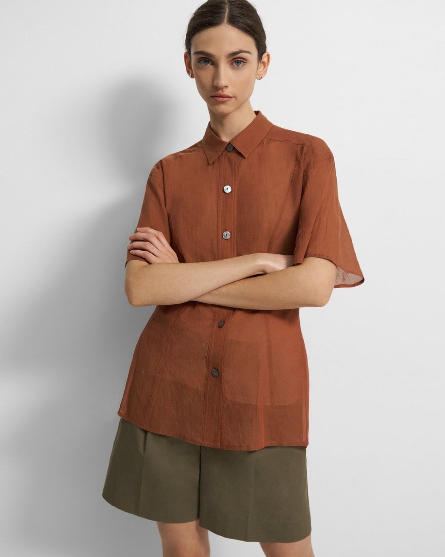 Smocked Short-Sleeve Shirt in Organic Cotton