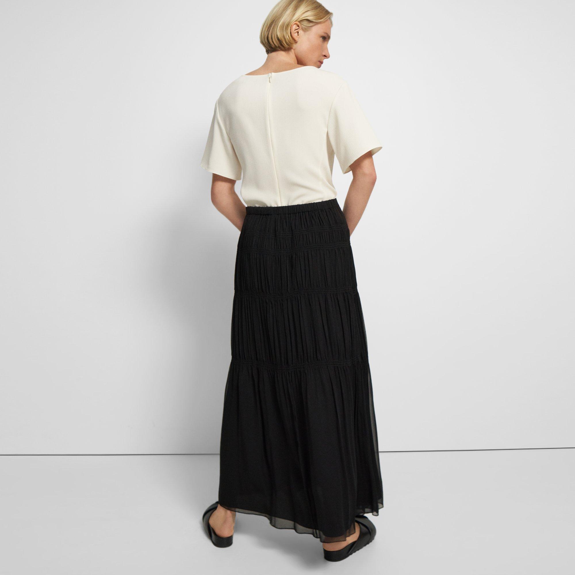 Crinkled Silk Chiffon Tiered Maxi Skirt | Theory