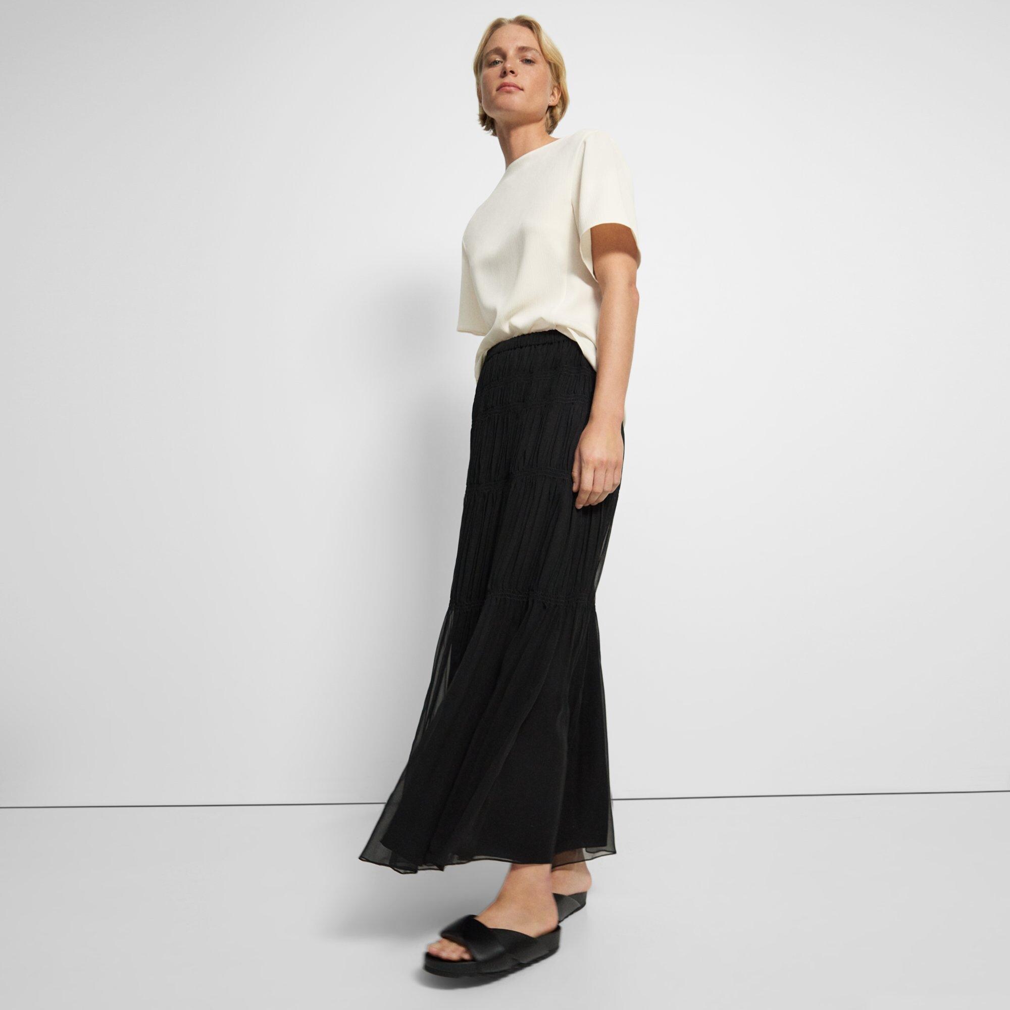 Crinkled Silk Chiffon Tiered Maxi Skirt | Theory