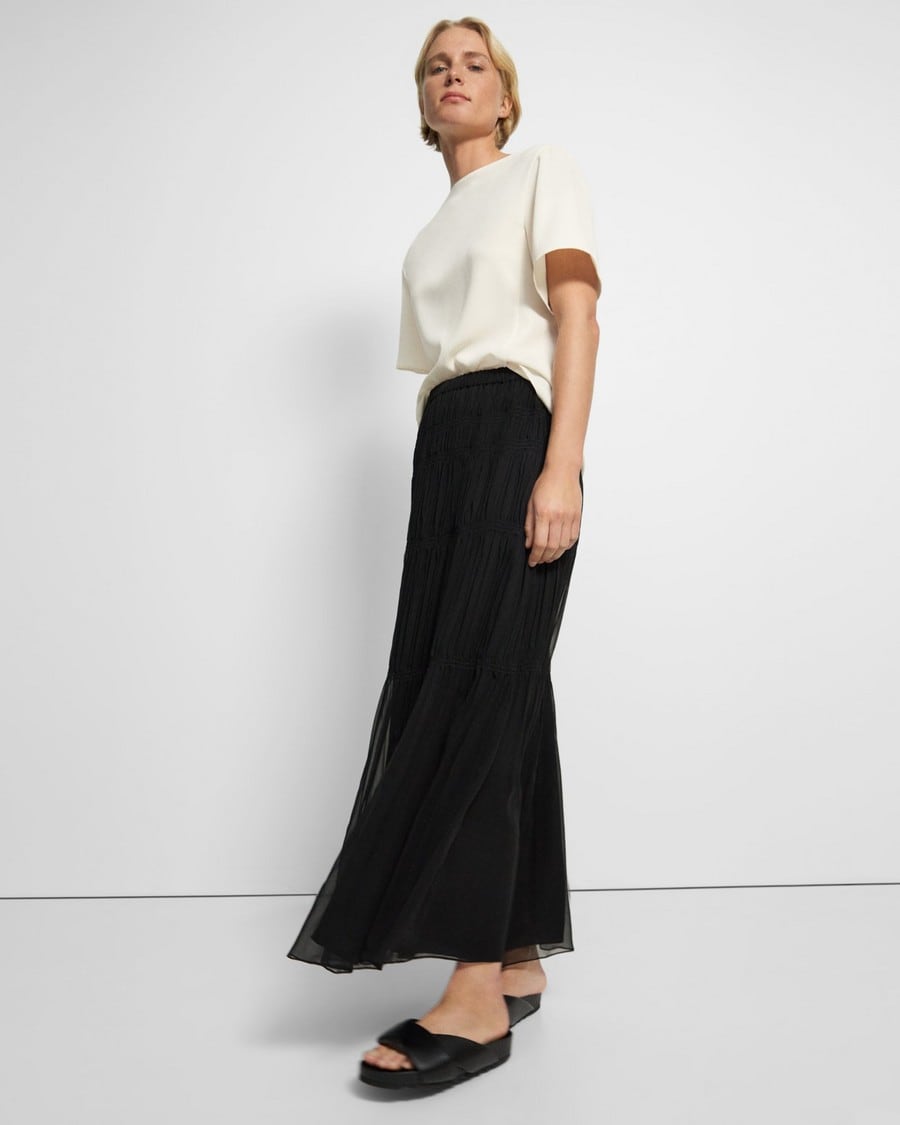 Tiered Maxi Skirt in Crinkled Silk Chiffon