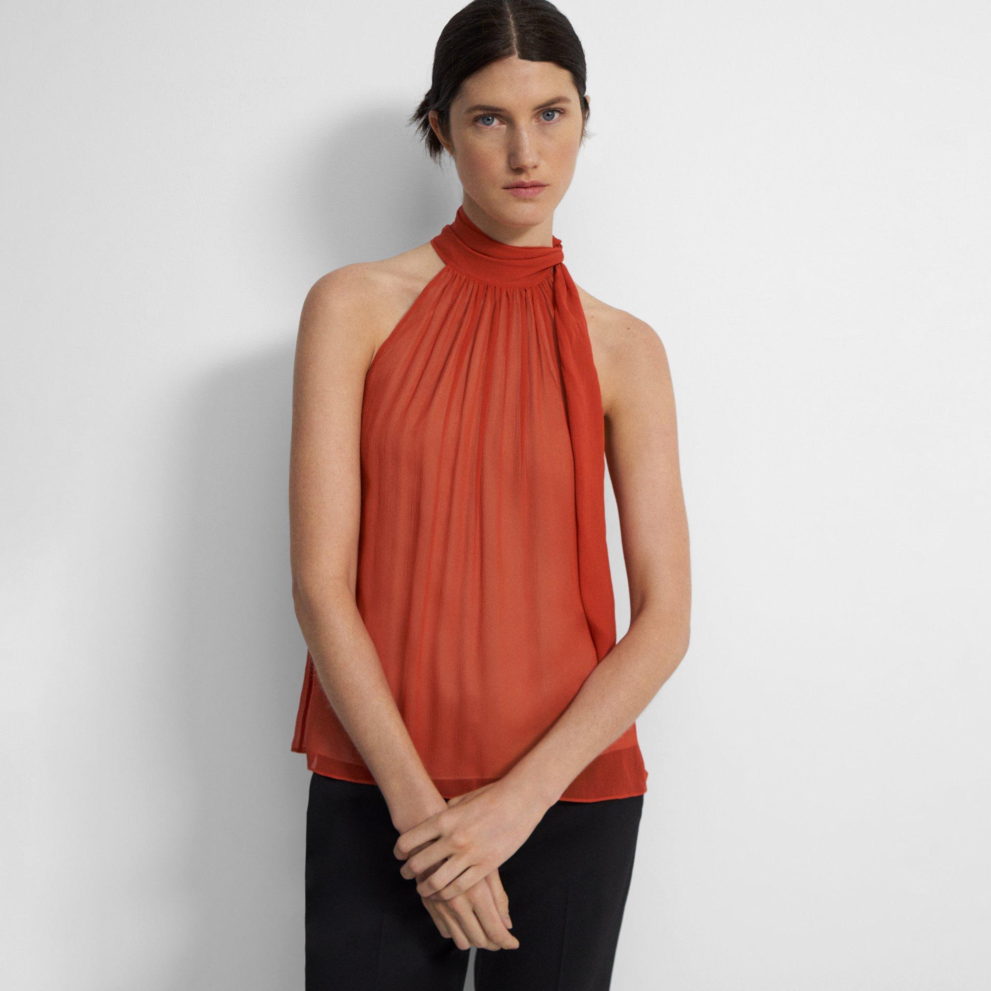 Halter Bow Top in Crinkled Silk Chiffon