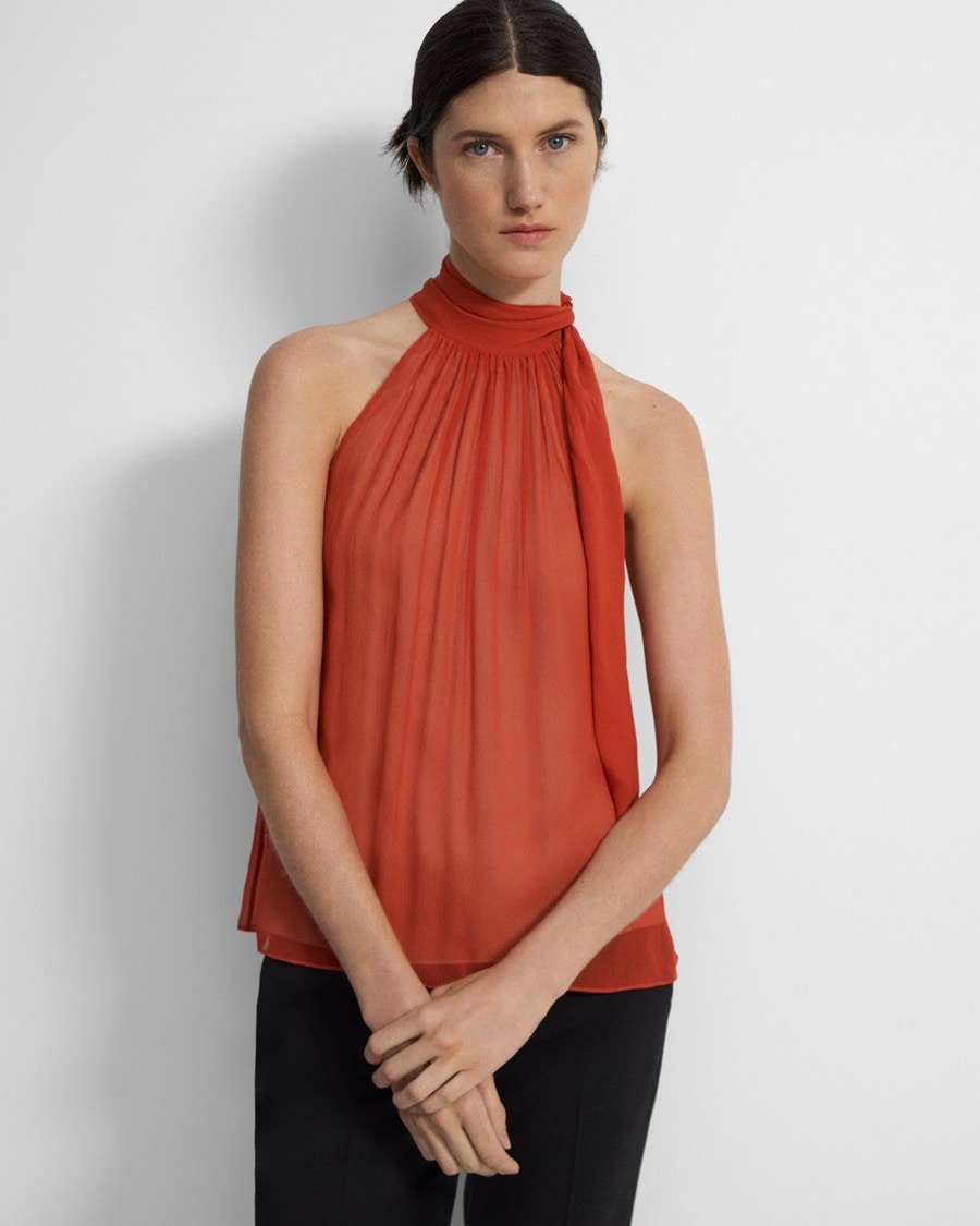 Halter Bow Top in Crinkled Silk Chiffon