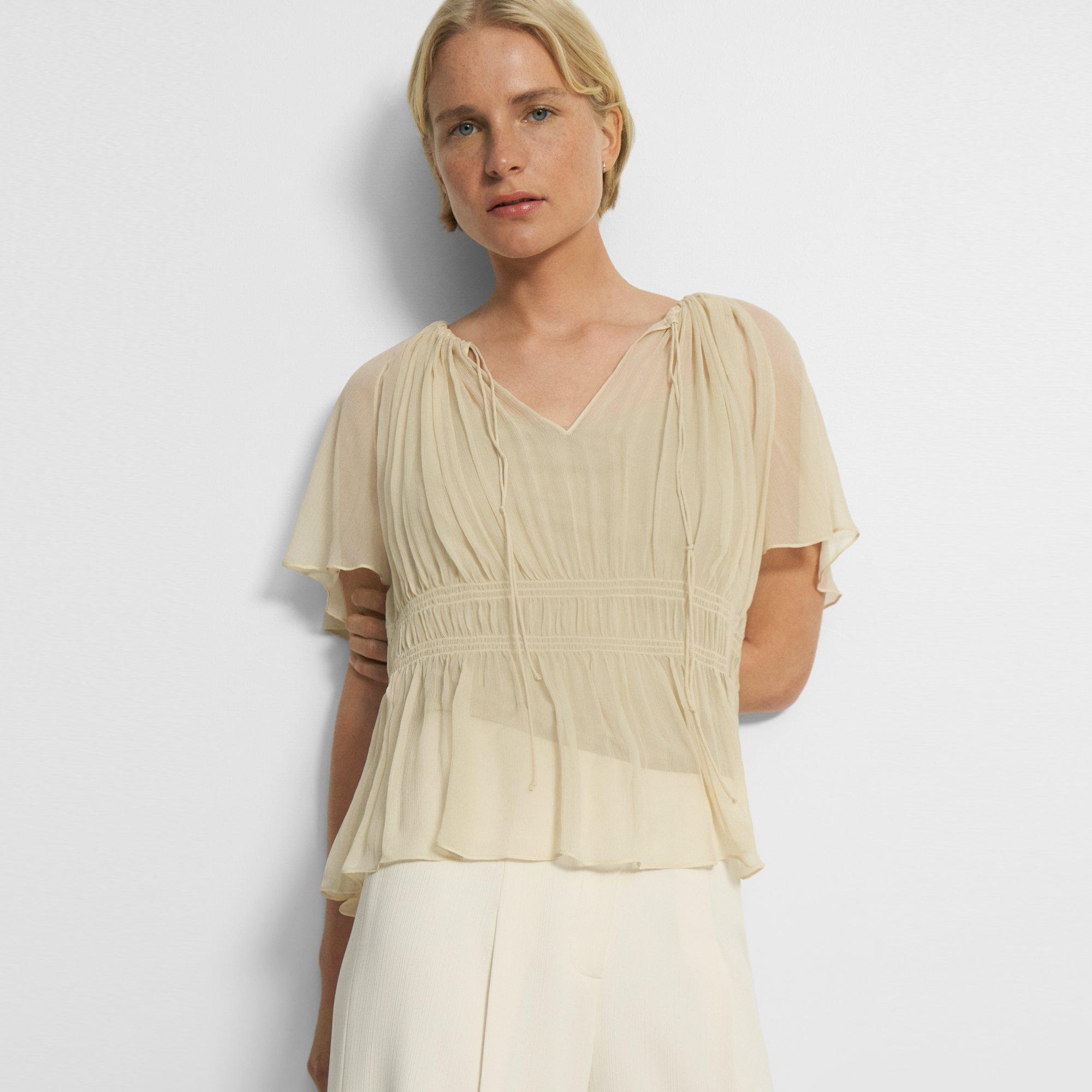 Tie Neck Top in Crinkled Silk Chiffon
