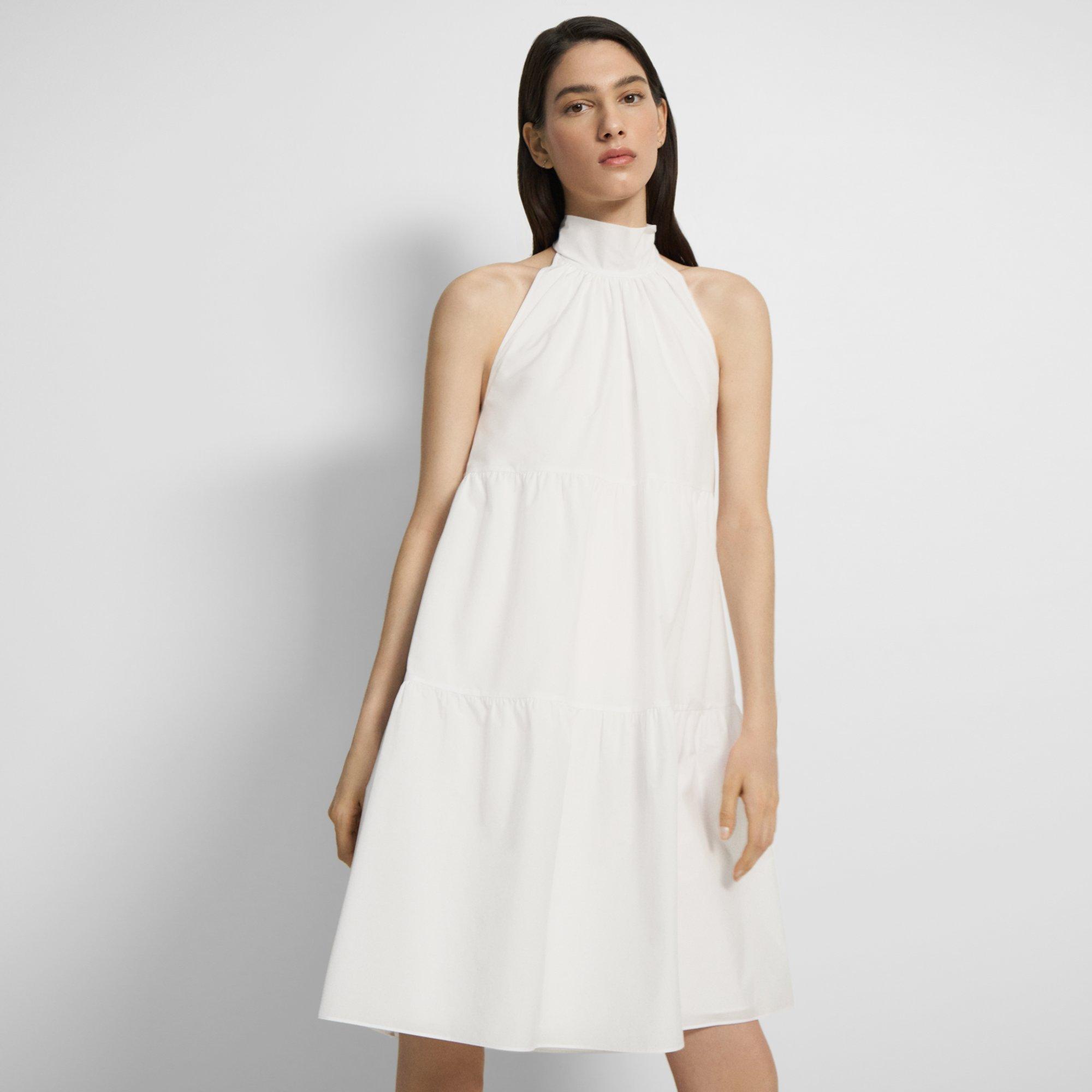 White Cotton Blend Tiered Halter Mini Dress | Theory Outlet