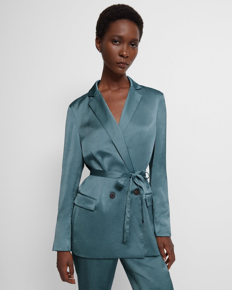 Belted Double-Breasted Blazer in Crushed Satin