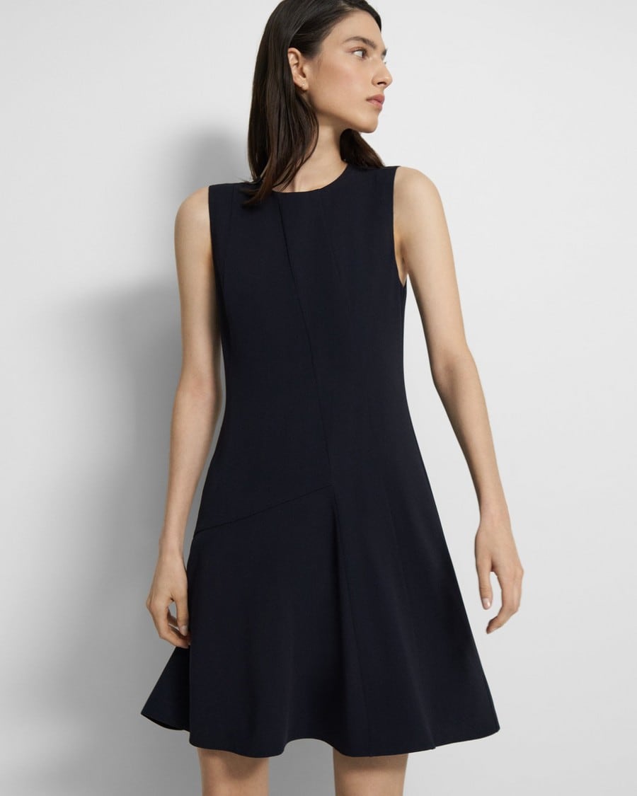 Blue Asymmetrical A-Line Dress in Striped Admiral Crepe