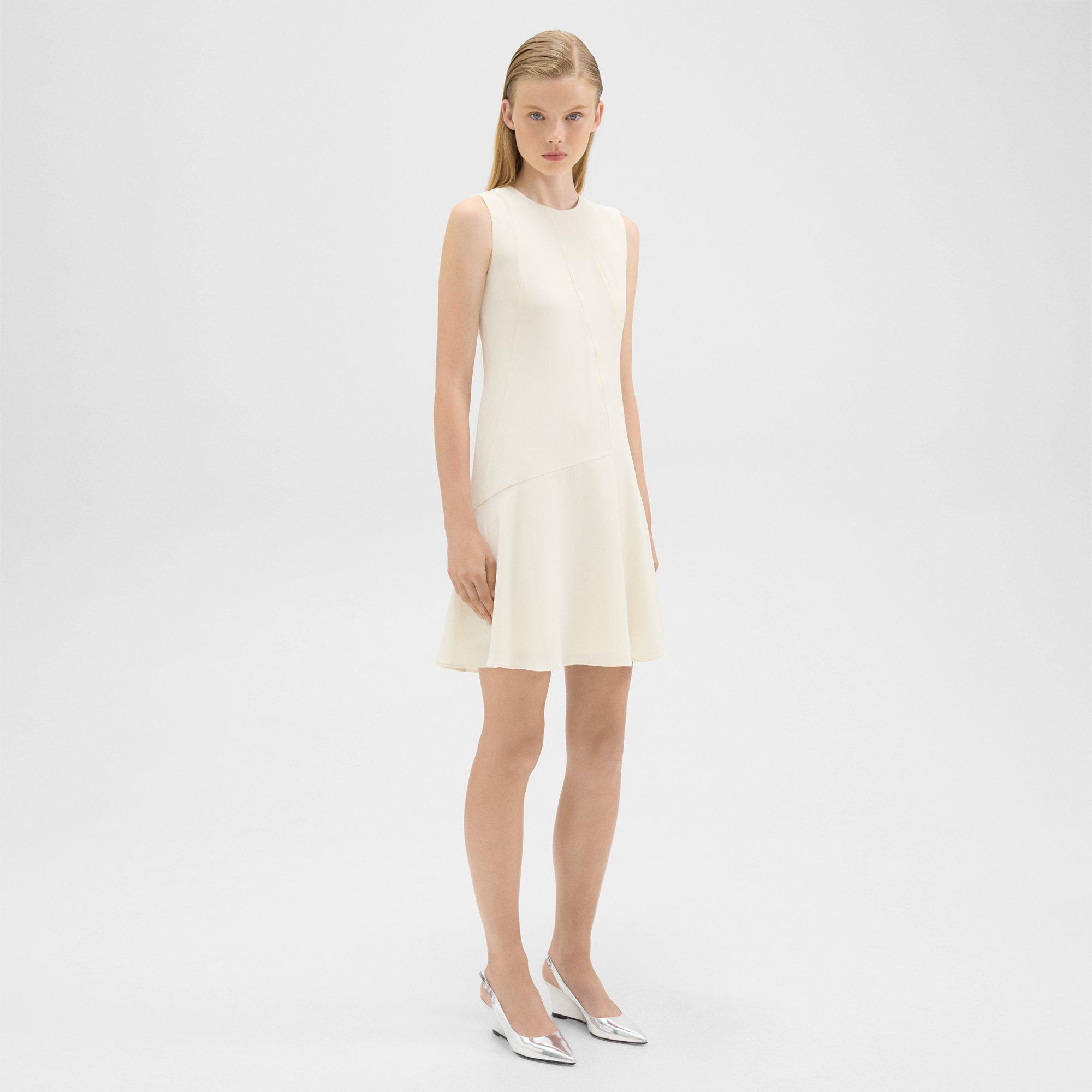 White Asymmetrical A-Line Dress in Striped Admiral Crepe