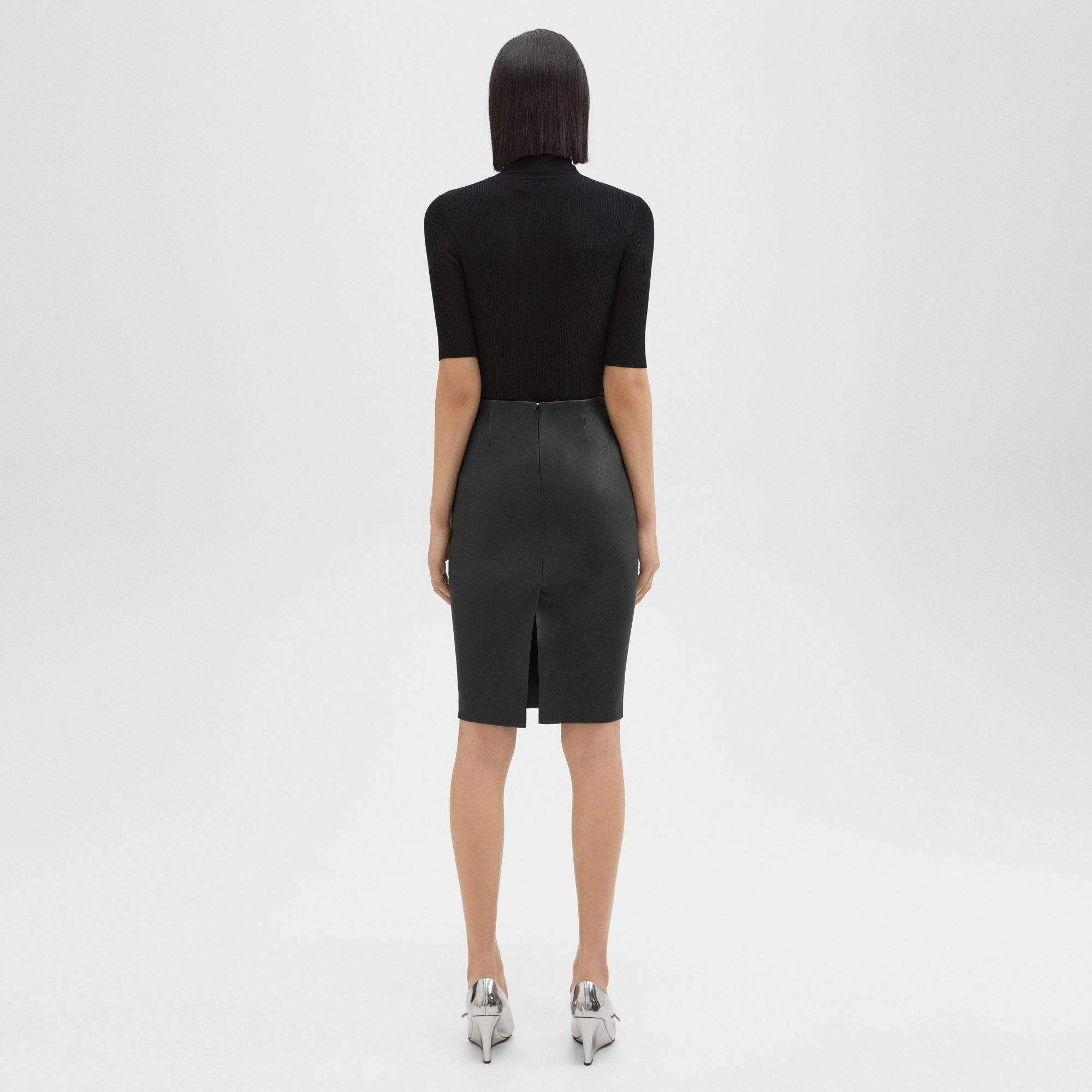 Women's Leather Pencil Skirt - Below-Knee Length, High Waist, Bodycon Fit For Office Or Party