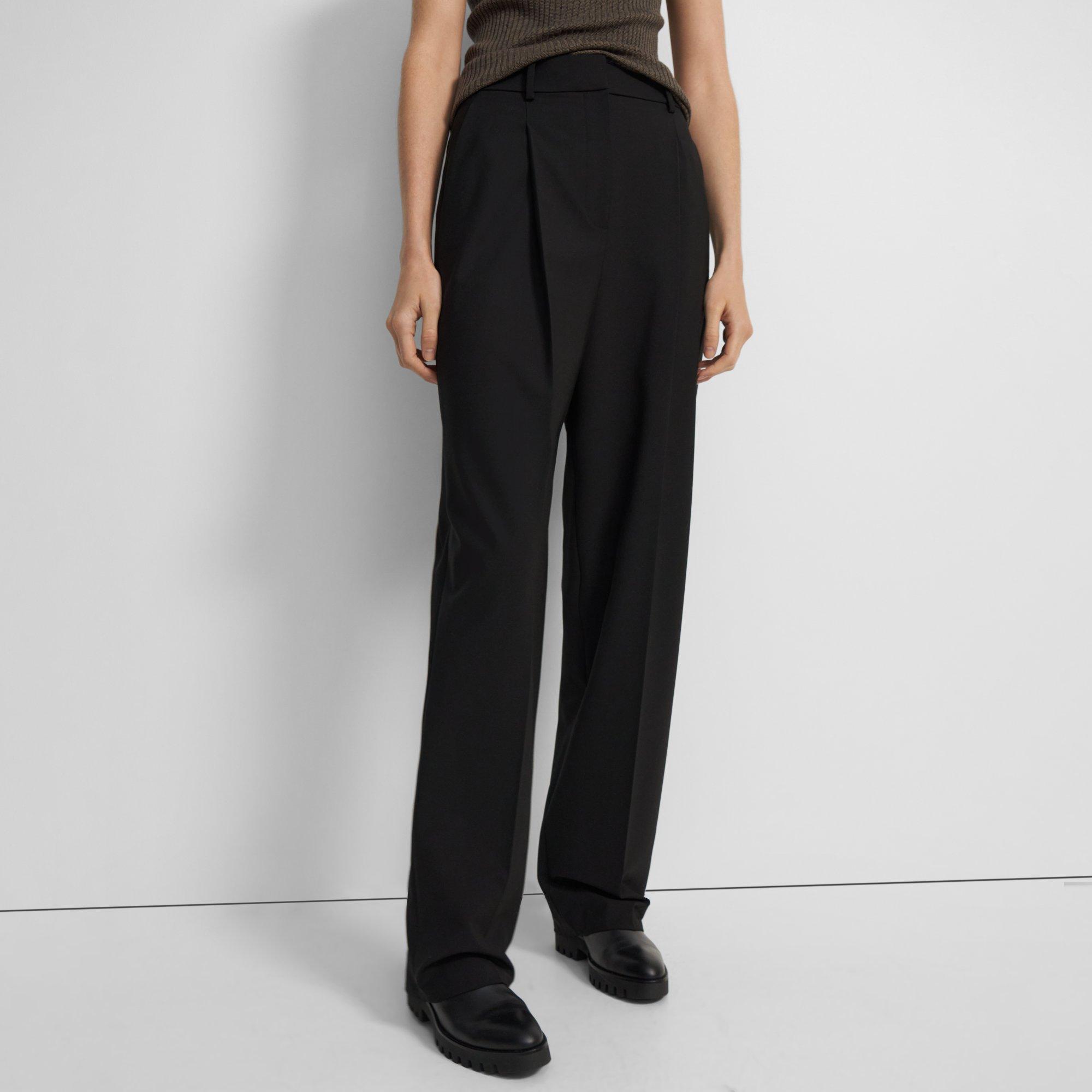Black Stretch Wool Pleated Wide-Leg Pant | Theory Outlet