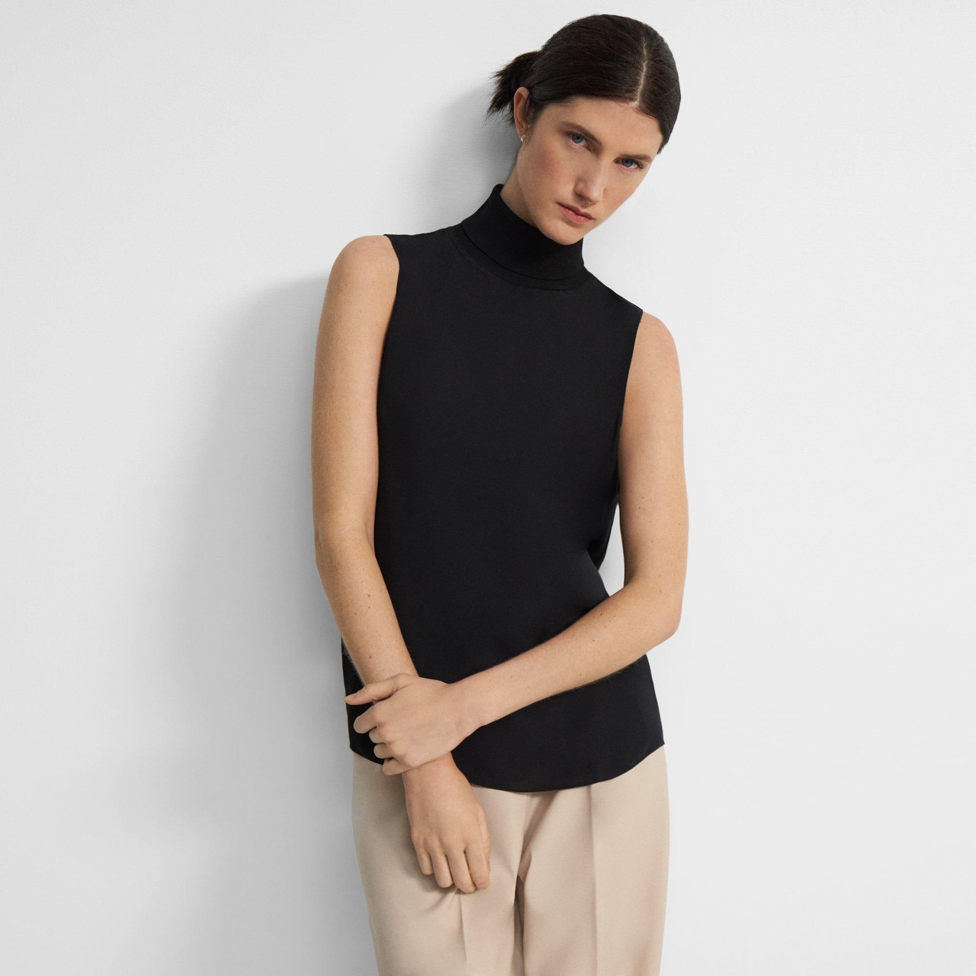 Black Silk Sleeveless Turtleneck Top | Theory