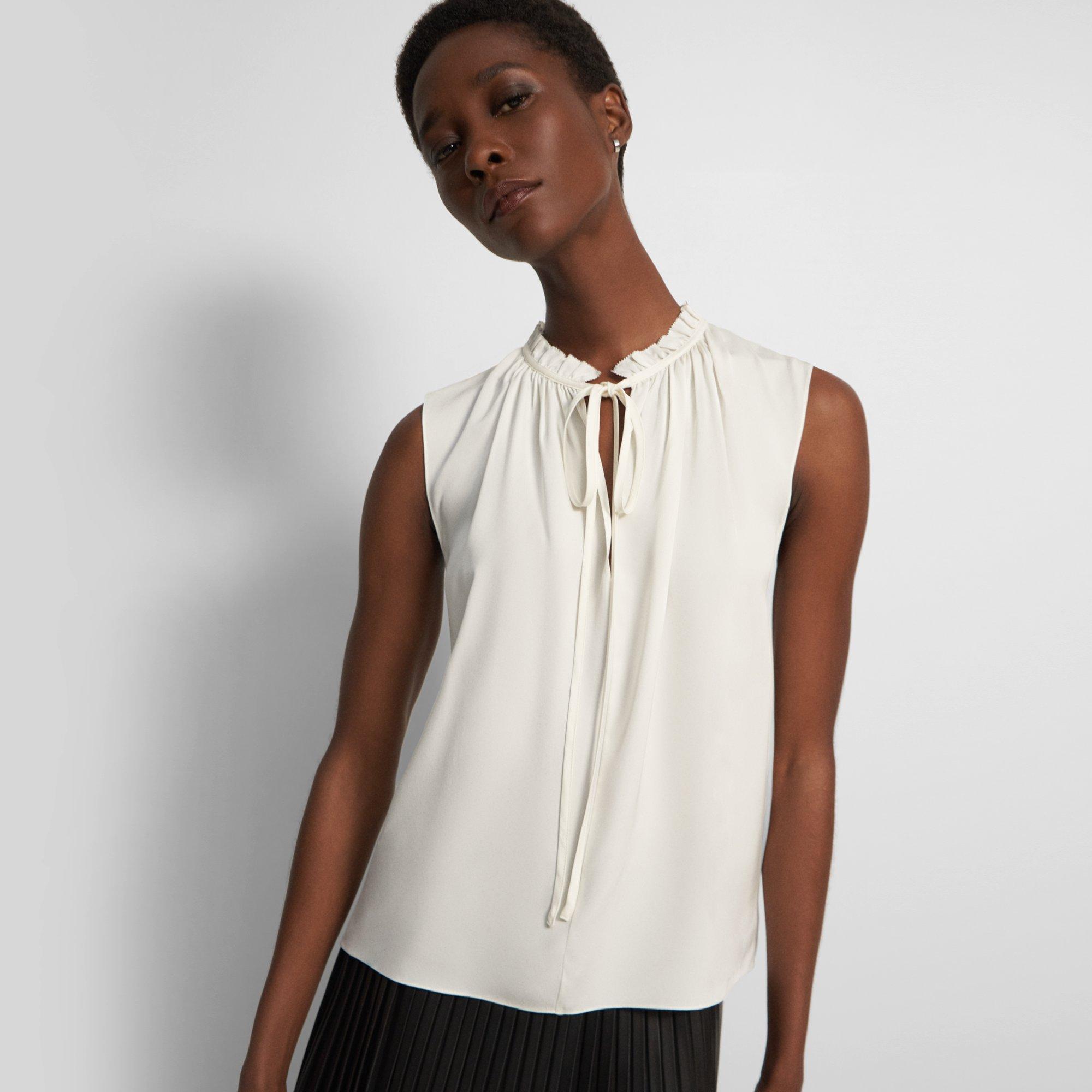 White Silk Georgette Tie Neck Shell Top | Theory