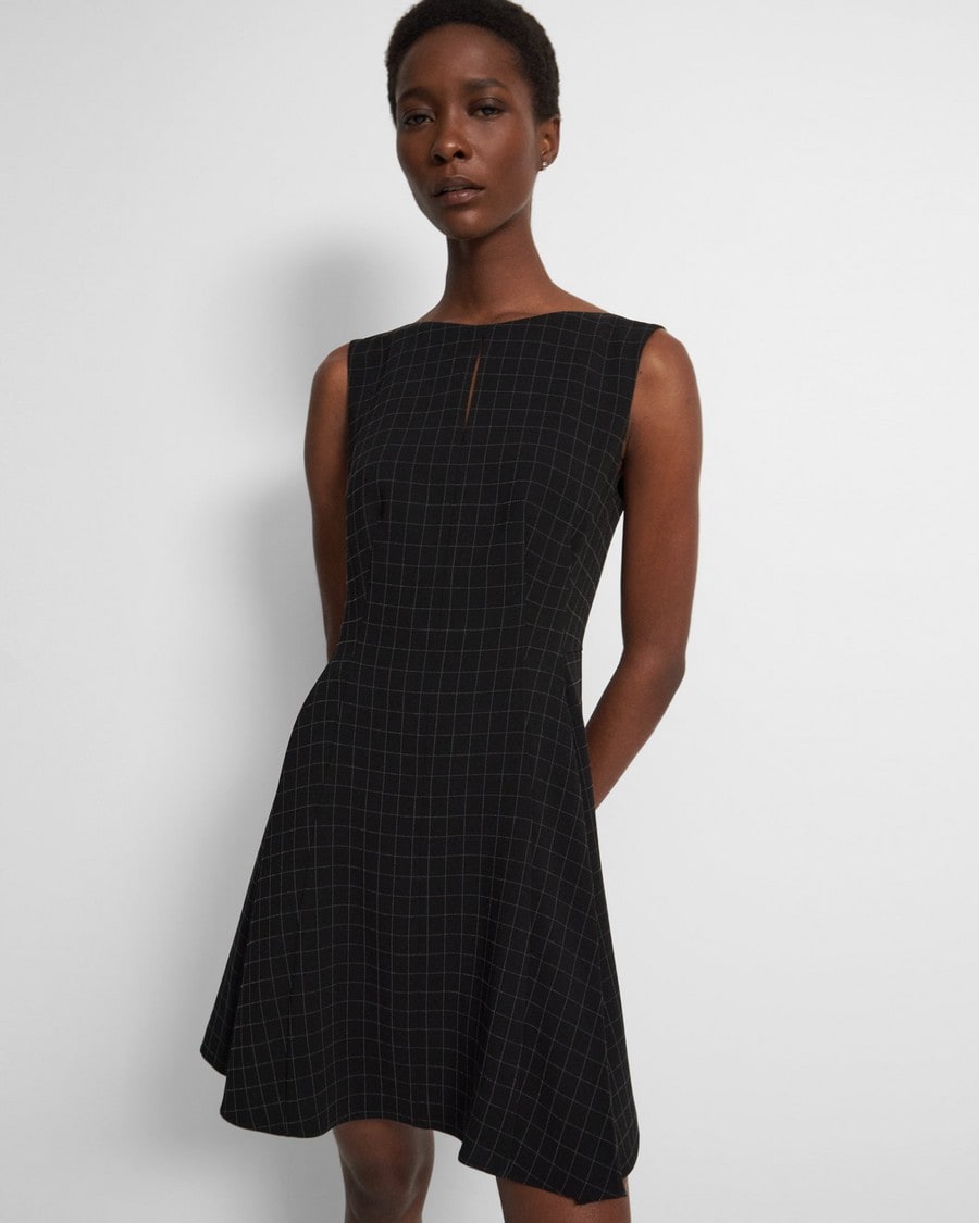 Fit-and-Flare Dress in Checked Crepe