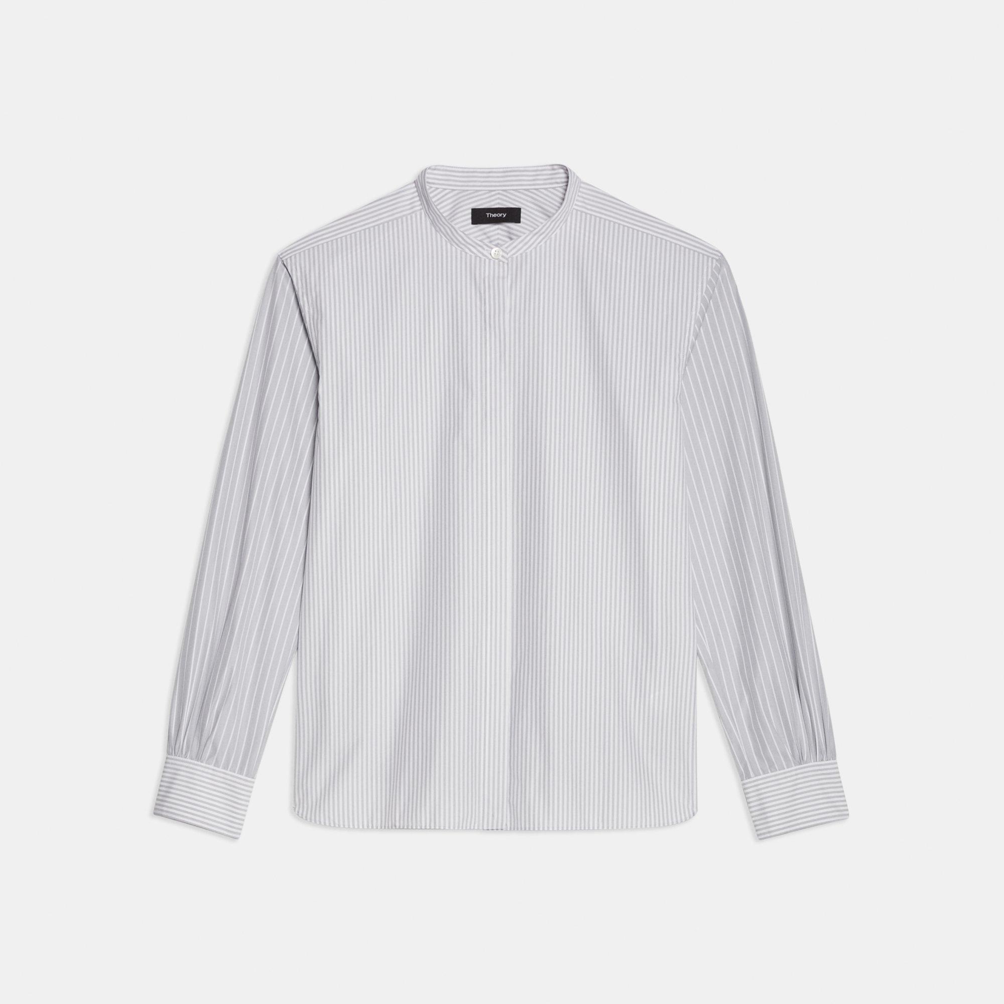 Striped Cotton Band-Collar Shirt