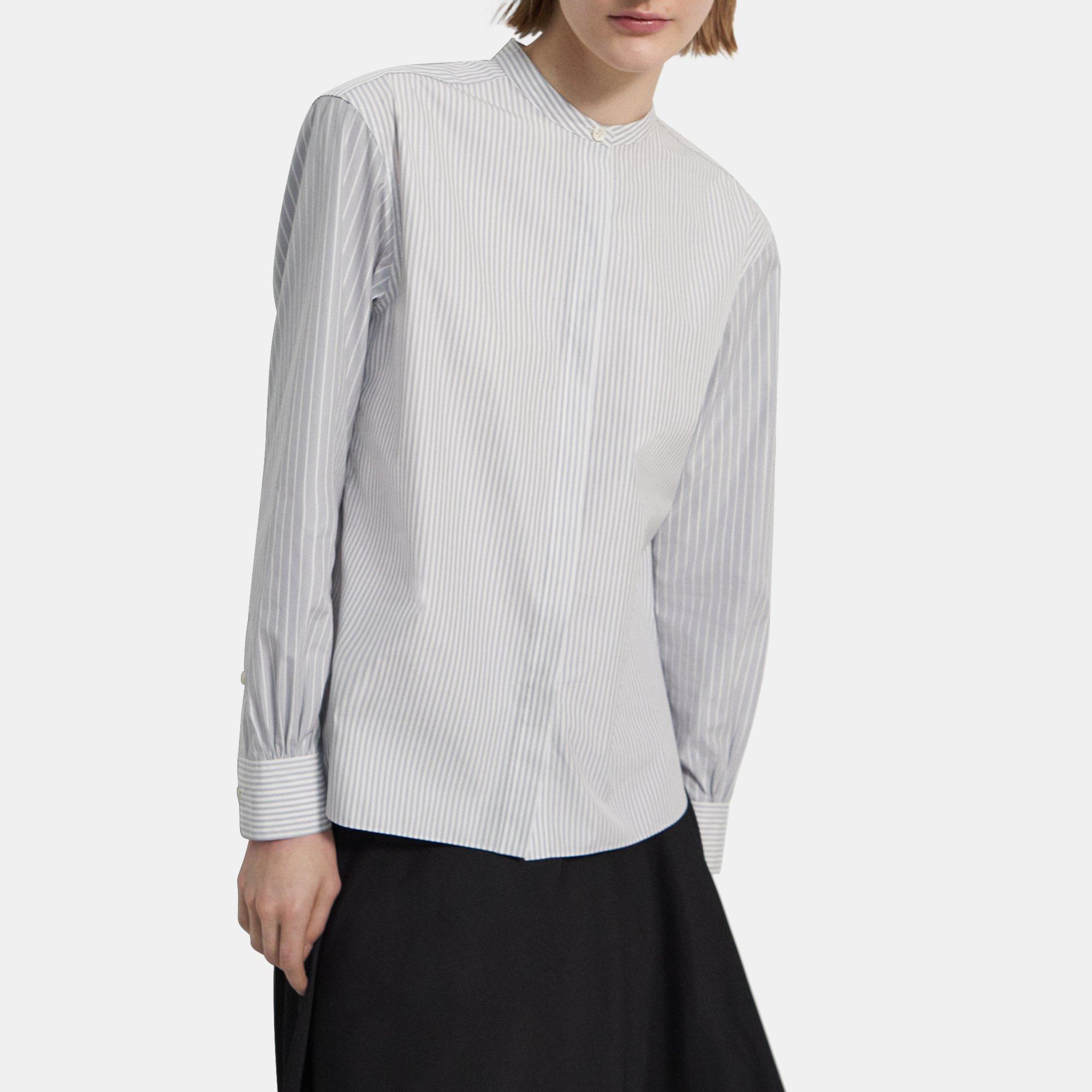 Striped Cotton Band-Collar Shirt