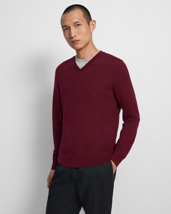 띠어리 Theory V-Neck Sweater in Regal Wool,WINE