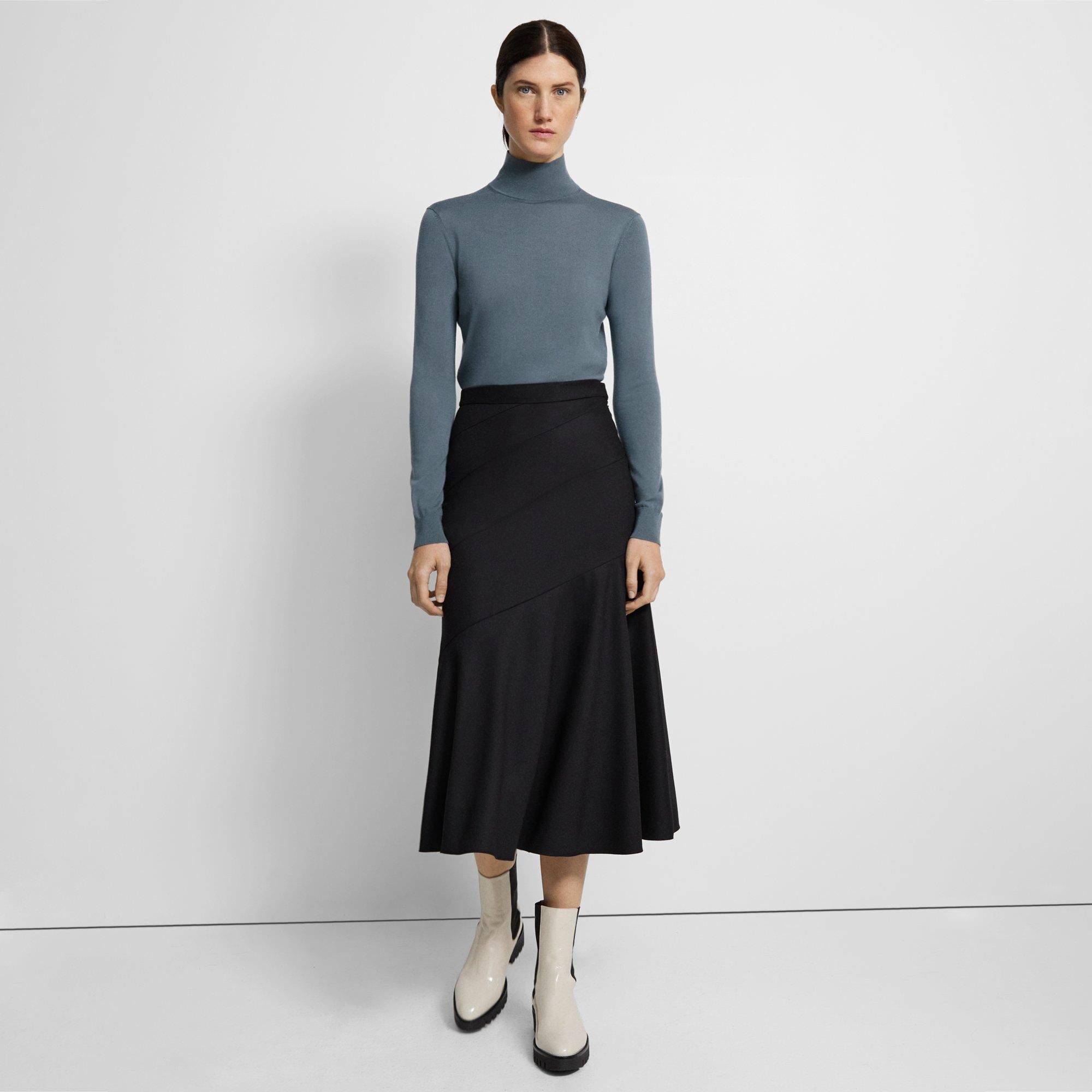 Black Sleek Flannel Diagonal Midi Skirt | Theory