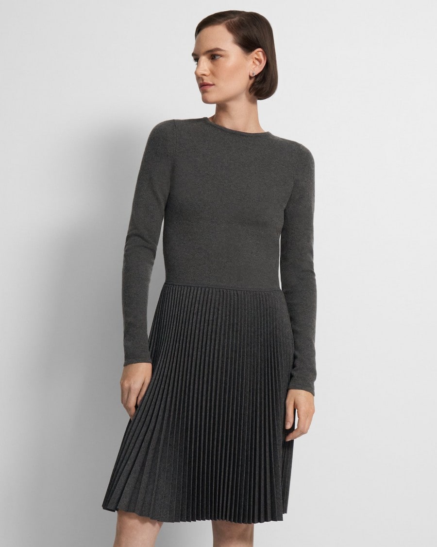 Pleated Long Sleeve Dress in Wool-Blend Flannel