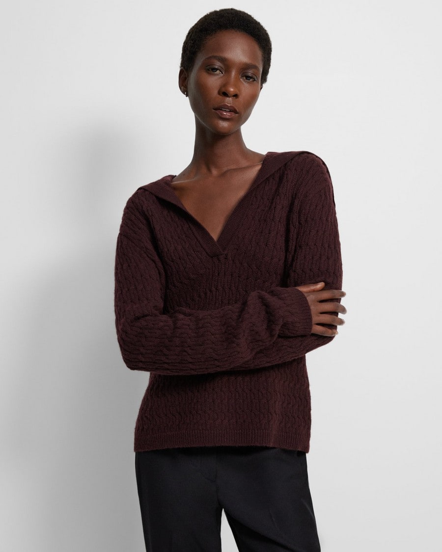 Cable Knit Polo Sweater in Felted Wool-Cashmere