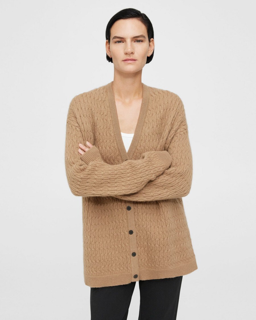 Oversized Cable Knit Cardigan in Felted Wool-Cashmere