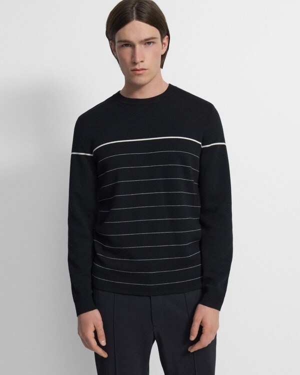 띠어리 Theory Arnaud Crewneck Sweater in Regal Wool,BLACK BASE/WHITE STRIPE