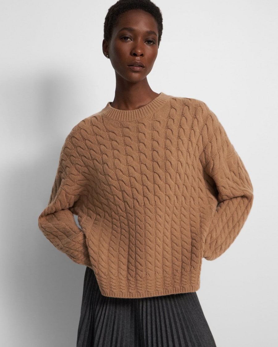 Cable Knit Crewneck Sweater in Felted Wool-Cashmere